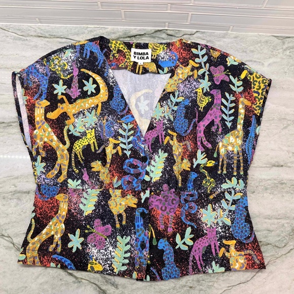 Bimba Y Lola Women's multicolor Sleeveless Blouse V-Neck Top with animal print L - Picture 1 of 13